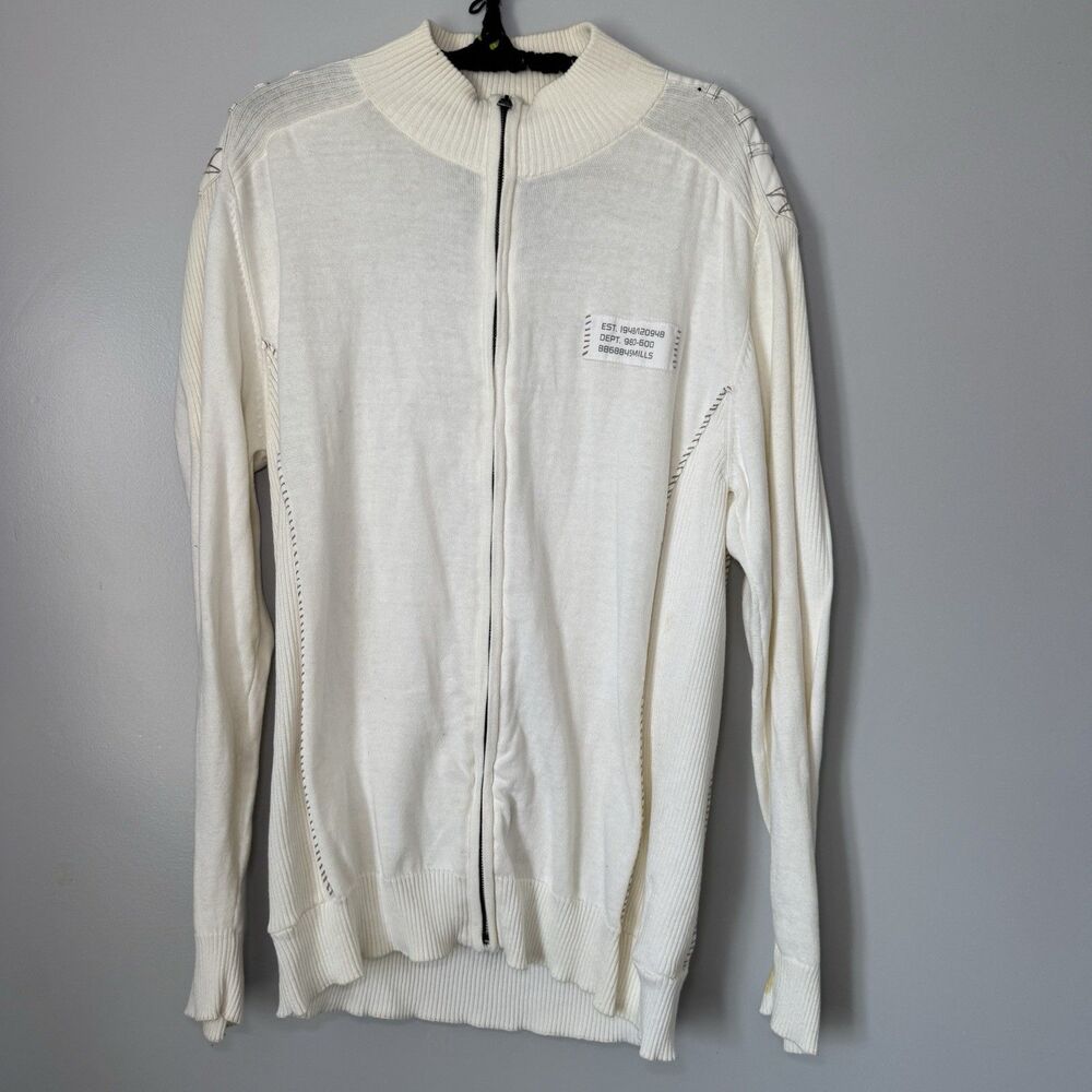 Vintage Men's Buckle Grunge Cream/Off White Cotton Ribbed Zip Up Sweater Sz Lg